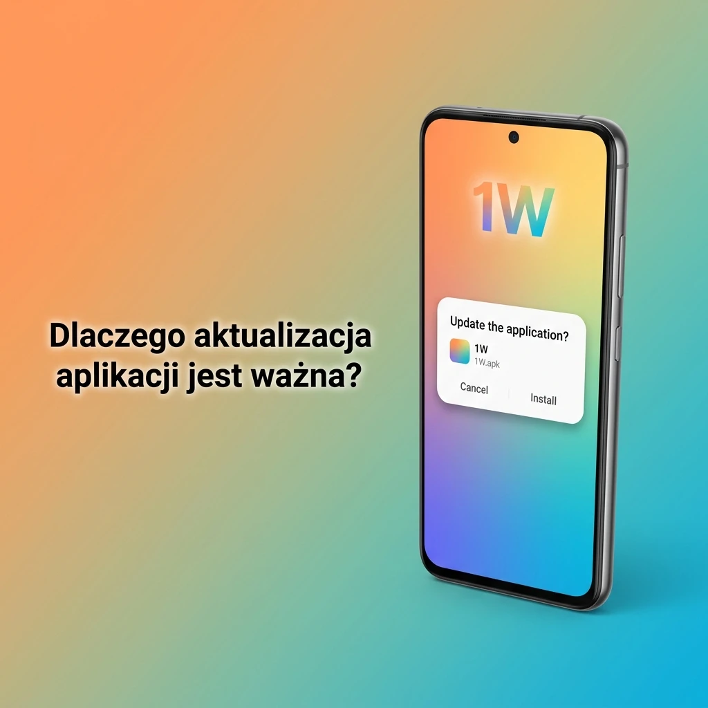 Smartfon z ekranem pokazującym aktualizację aplikacji bukmacherskiej, ikony bezpieczeństwa i nowych funkcji